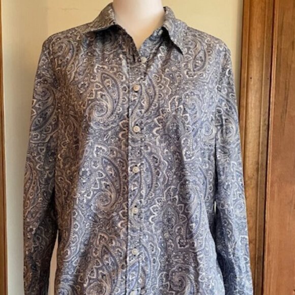 TALBOTS Blue Paisley Long Sleeve Button Front Cotton Shirt - Picture 3 of 15